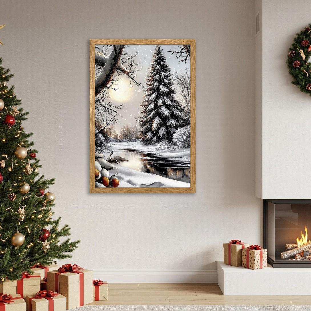 Framed Poster of a winter landscape, featuring a snowy scene in a warm, neutral color palette. Perfect for cozy decor.