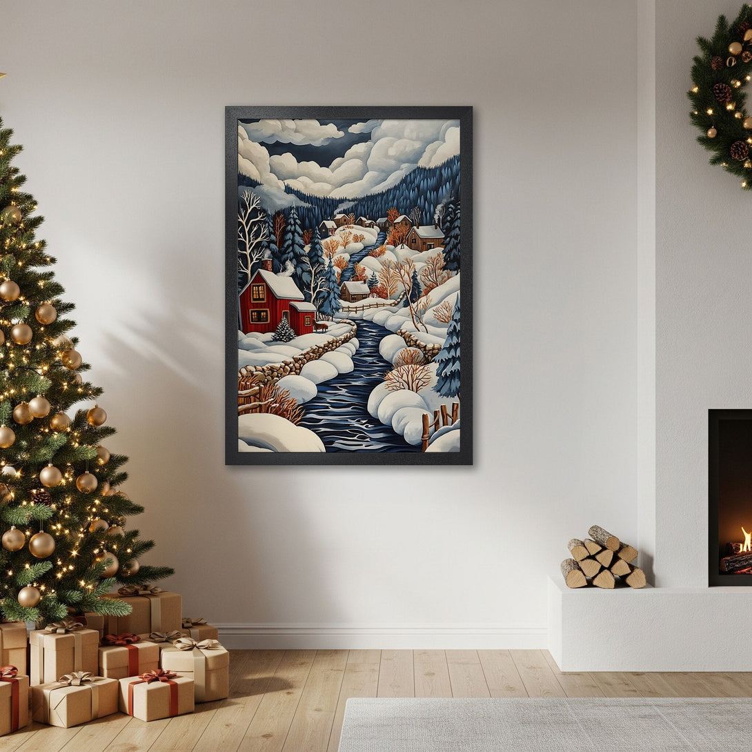 Framed Poster featuring a winter village scene in a whimsical style with a blue, white, and red color palette. Perfect holiday decor!