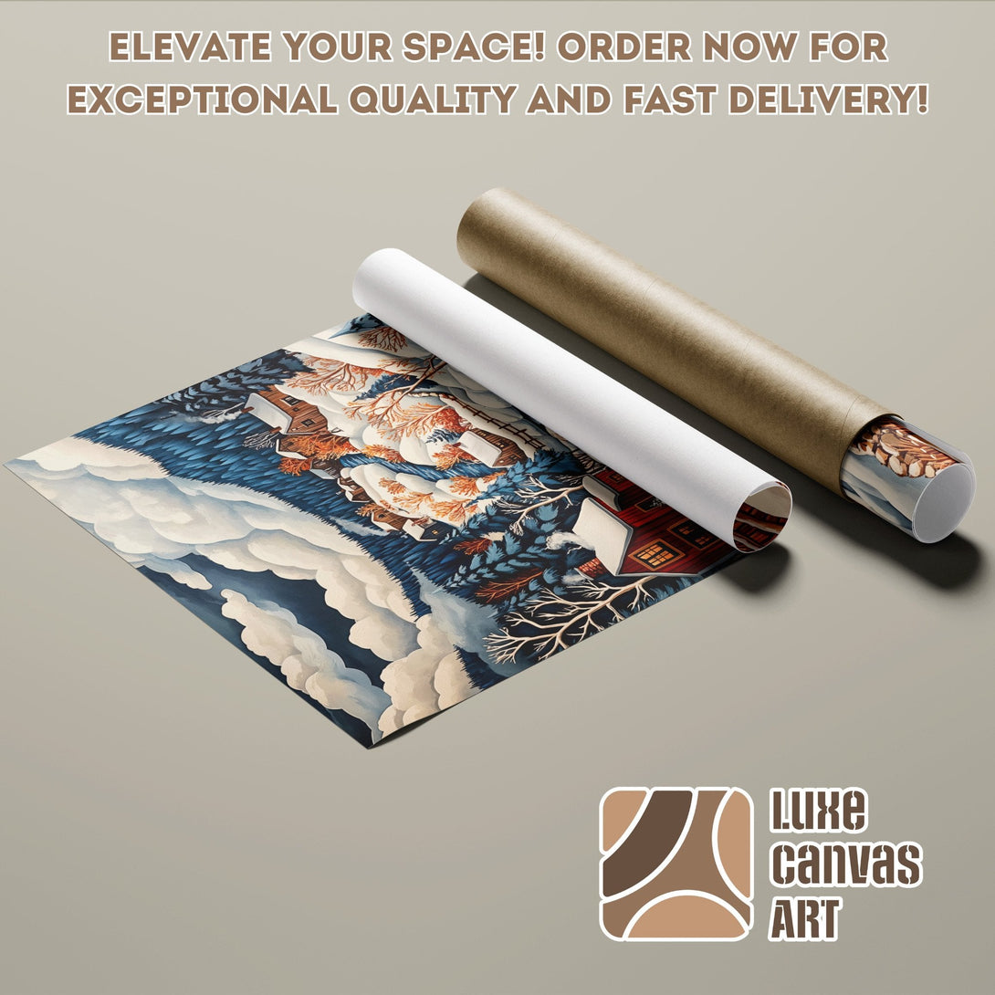 Poster Roll featuring a winter landscape in blue, white, and orange tones. Elevate your space!