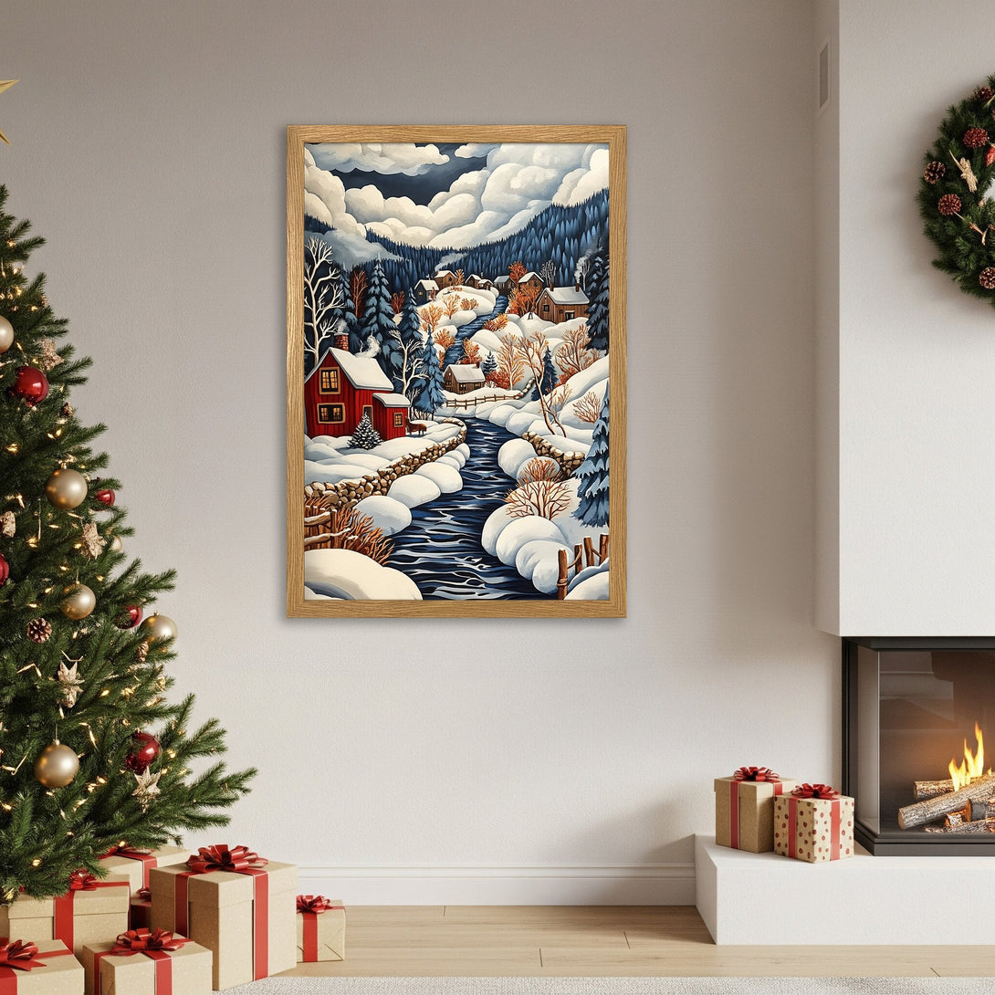 Framed Poster of a winter landscape in blue and red tones. Perfect for holiday decor!