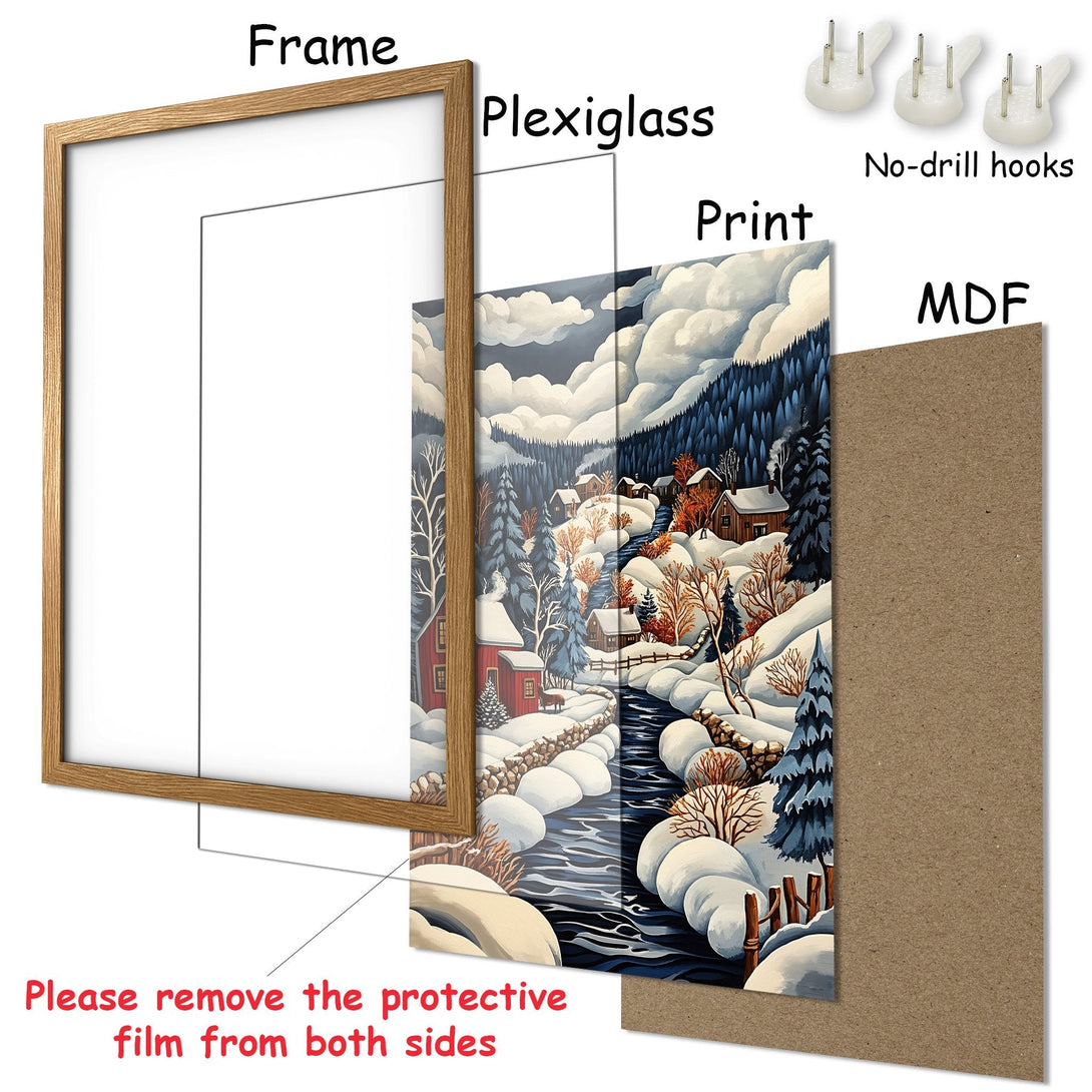 Framed Poster: Winter landscape art print in blue, white, and brown tones. Cozy cabin scene with snow and trees. Perfect wall decor!