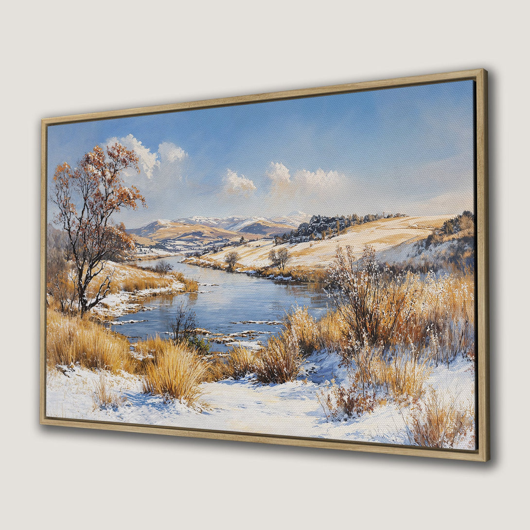 Canvas Print of a winter landscape painting with a river, featuring a blue, beige, and brown color palette. Beautiful framed wall art.
