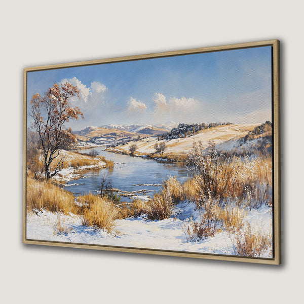 Canvas Print of a winter landscape painting with a river, featuring a blue, beige, and brown color palette. Beautiful framed wall art.