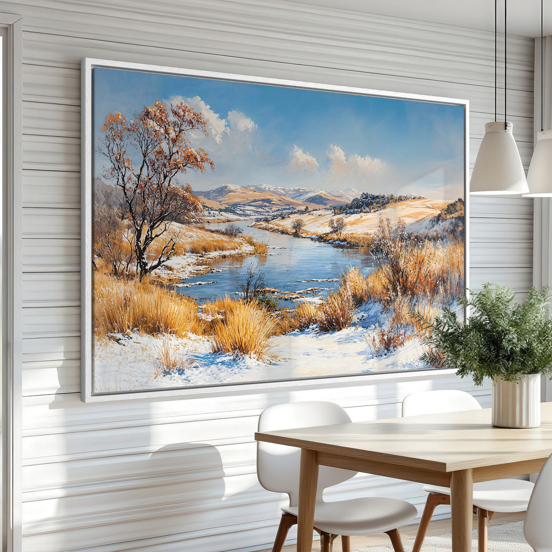 Framed Wall Art: Serene winter landscape Canvas Print with a blue and gold color palette, perfect for adding warmth to any space.