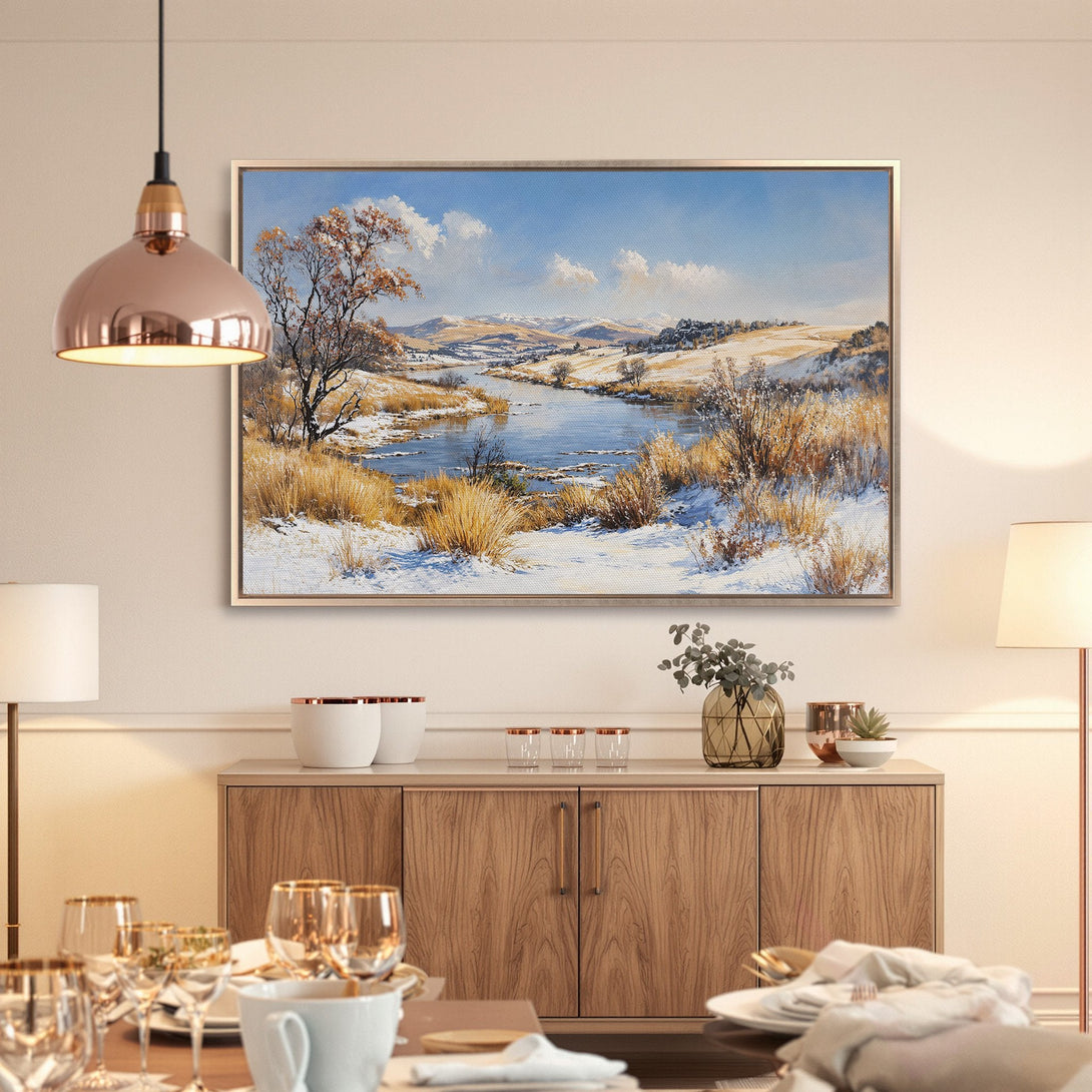 Framed Wall Art: Scenic landscape Canvas Print with a winter river scene. Features a blue, gold, and white color palette, perfect for home decor.