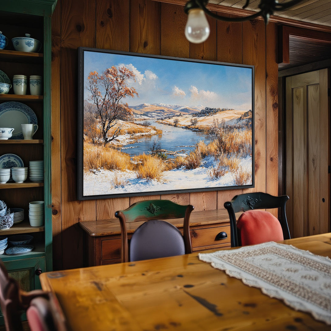 Framed Wall Art: Winter landscape Canvas Print in warm tones. Adds cozy charm to any interior. Perfect for rustic or traditional decor.
