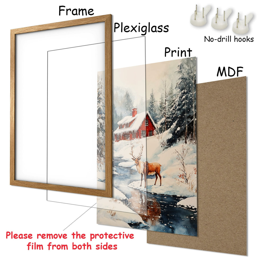 Framed Poster of a winter scene with a red cabin and deer, watercolor style, in a cool, muted color palette. Perfect wall art!