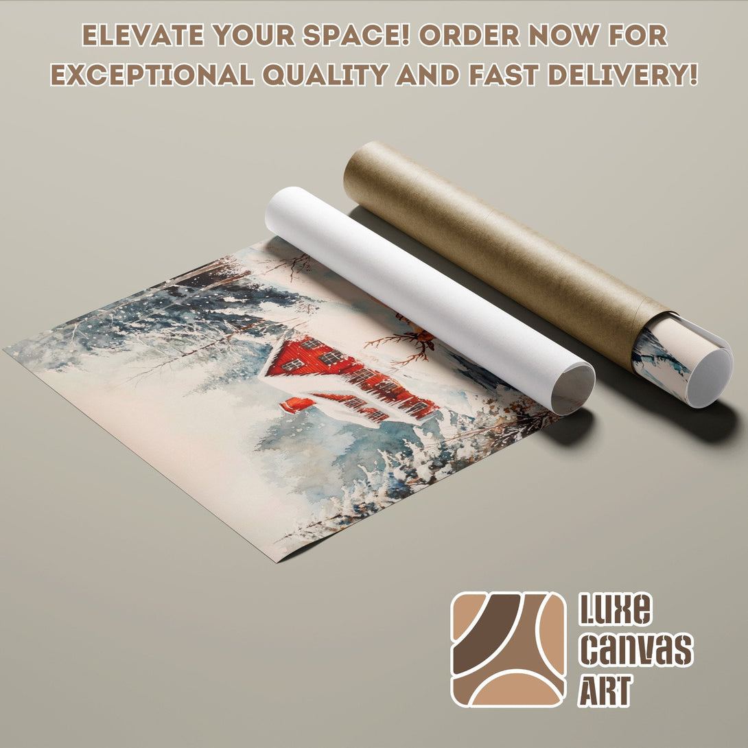 Winter landscape Poster Roll with watercolor style art. Cool blue, white, and red color palette. Order now!