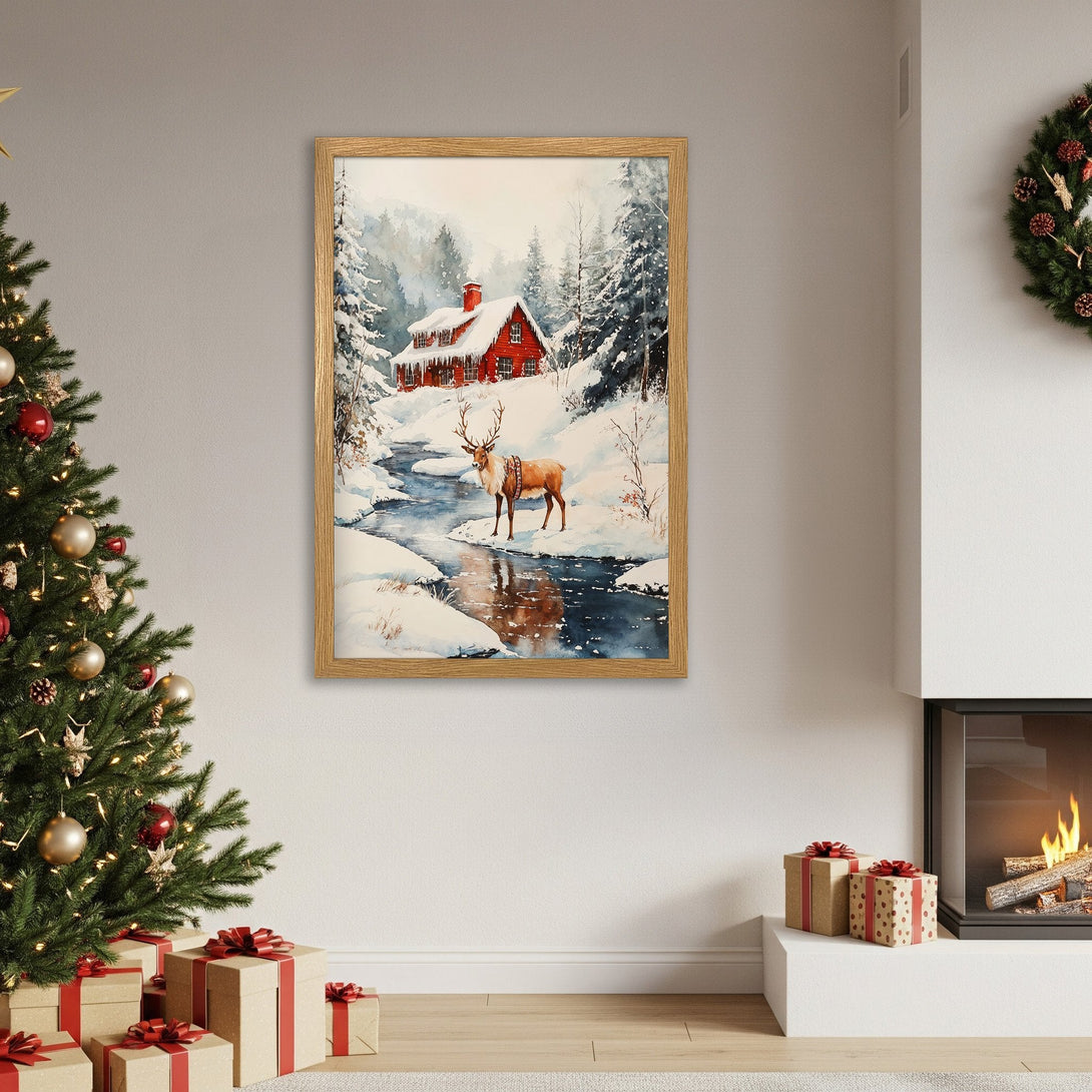 Framed Poster of a winter cabin scene in watercolor style. Features a red house, snowy landscape, and cool color palette. Perfect for holiday decor.