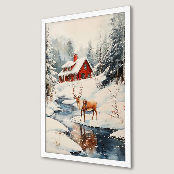 Framed Poster of a winter watercolor scene with a red cabin, deer, and snowy landscape. Serene blue, white, and red color palette.