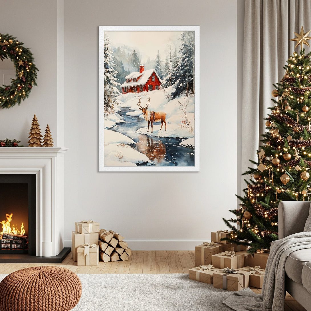 Framed Poster featuring a winter watercolor scene with a red cabin and deer. Soft, muted color palette perfect for holiday decor.
