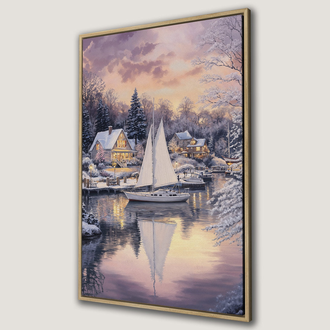Framed Wall Art: Winter harbor scene with a sailboat, houses, and snowy trees. Soft pastel color palette, perfect for cozy home decor.