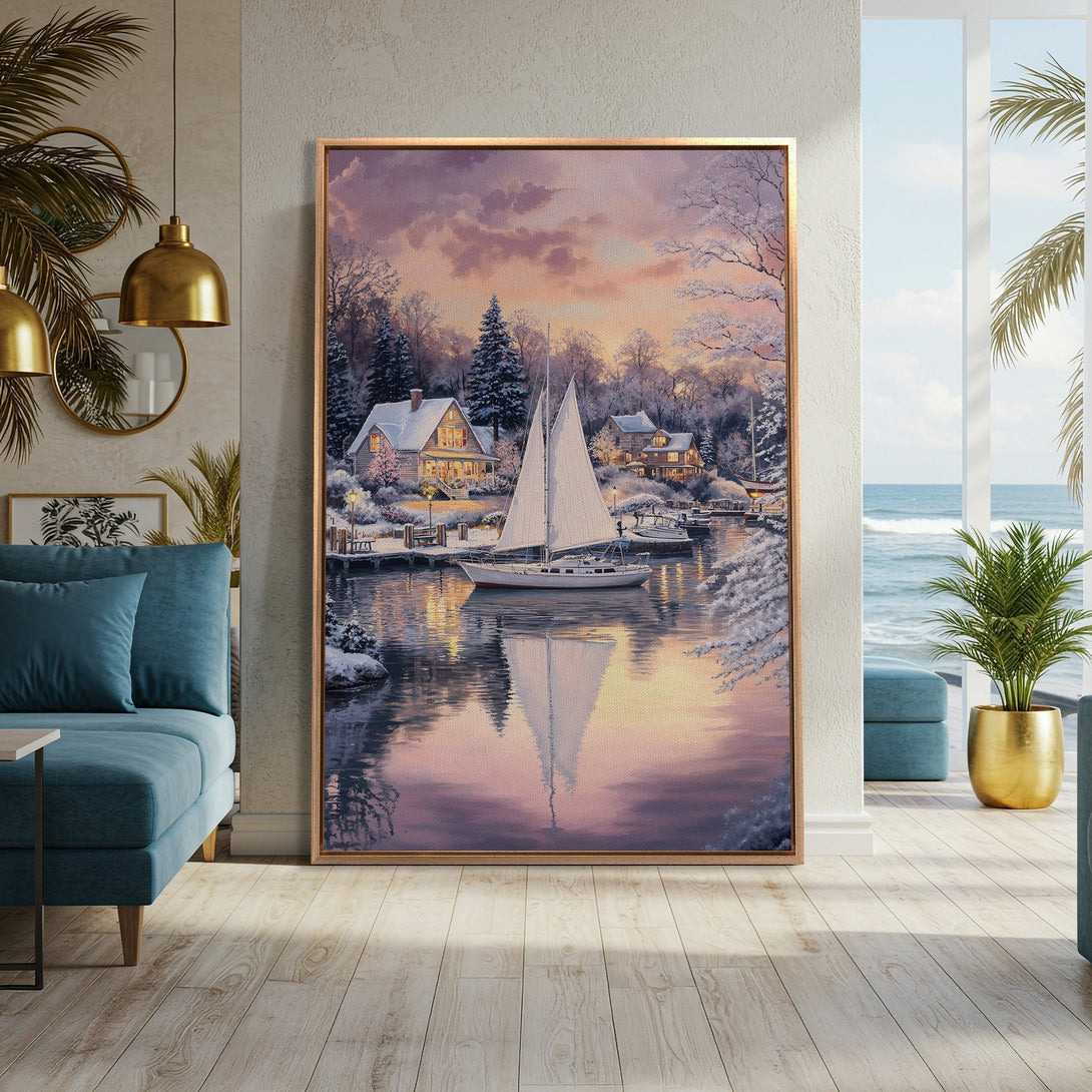 Framed Wall Art: Winter lake scene with sailboat, soft pastel colors, displayed in a cozy interior. Perfect for adding a touch of serenity to your home.