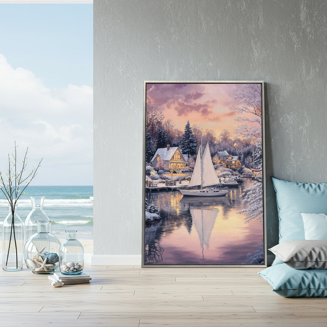 Framed Wall Art featuring a serene winter harbor scene with a sailboat. Soft pink and purple hues create a cozy atmosphere. Perfect for home decor!