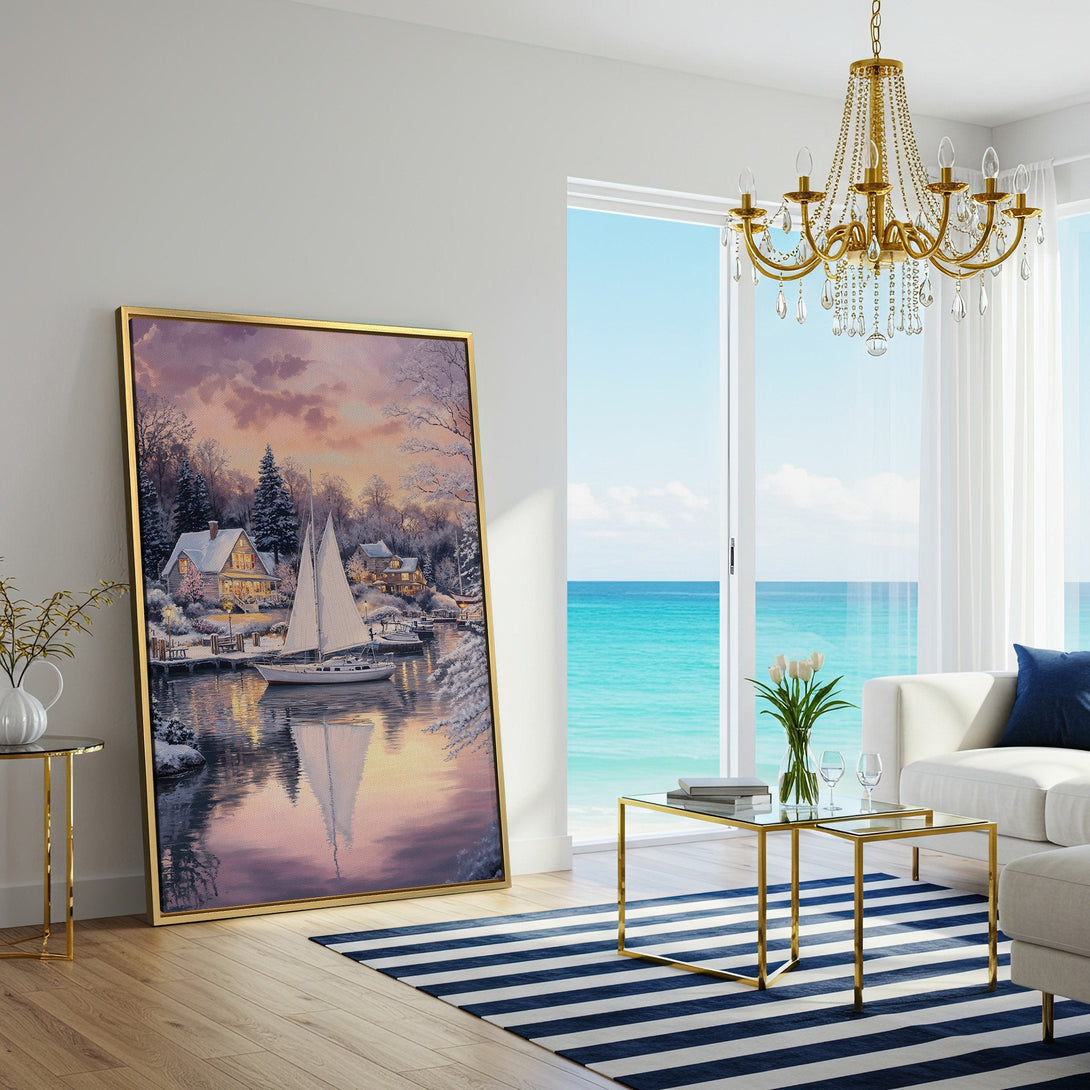 Canvas Print of a winter harbor scene with a sailboat, featuring a soft pink and blue color palette, perfect for cozy home decor.