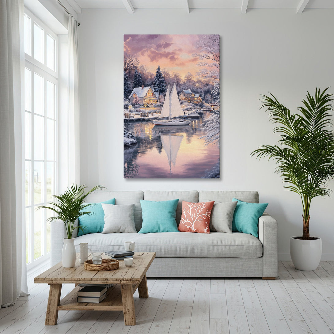 Framed Wall Art: Winter lake scene canvas print in a gold frame. Warm, inviting colors enhance the cozy living room decor.