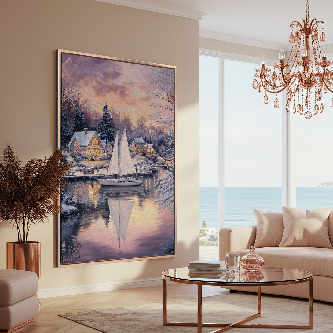 Framed Wall Art featuring a serene winter harbor scene in a soft, pastel color palette. Perfect for adding a touch of tranquility to your home decor.
