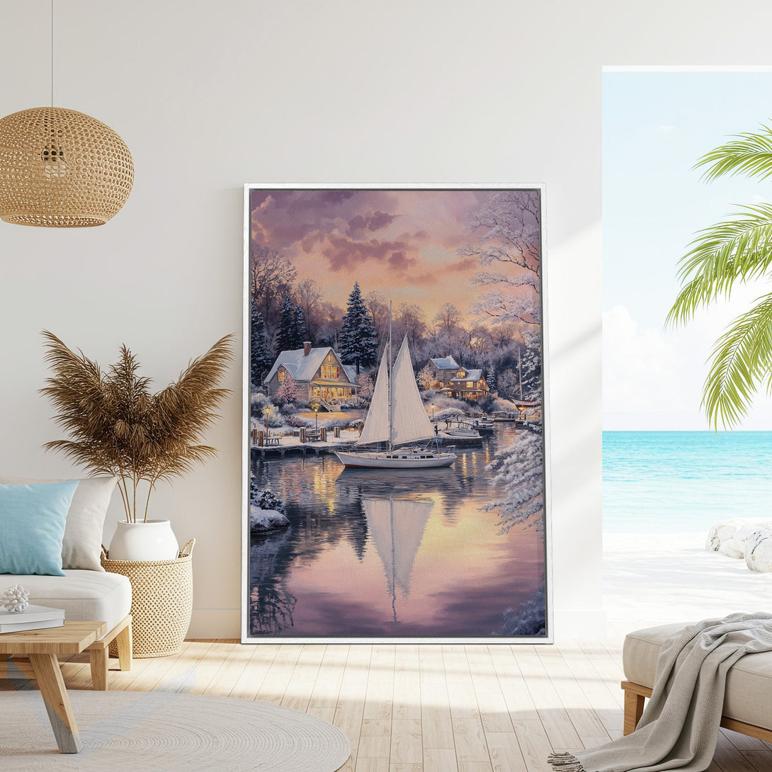 Framed Wall Art: Serene winter lake scene with sailboat, soft pastel colors. Perfect for cozy decor! Shop canvas prints for your home.