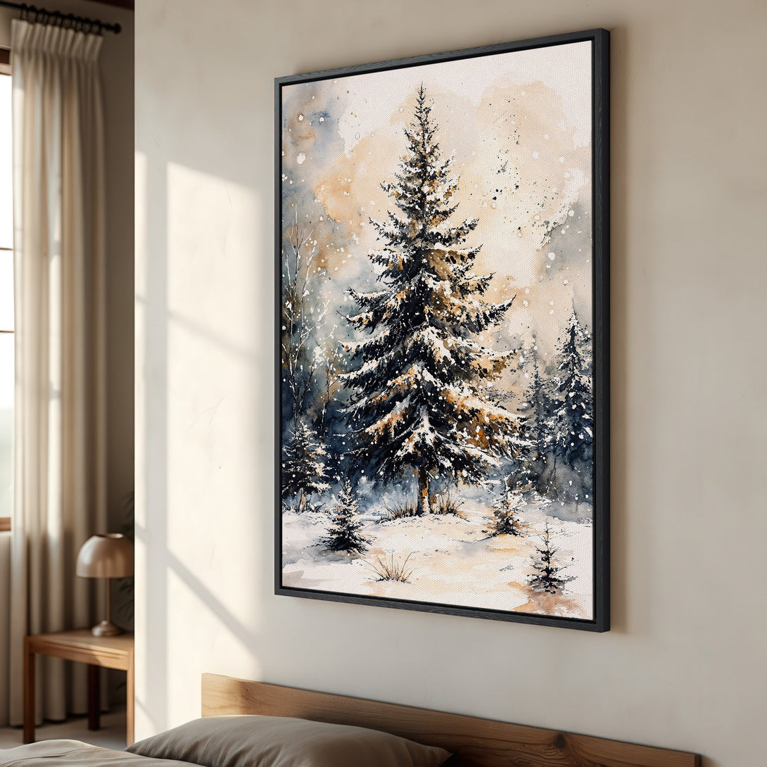 Framed Wall Art: Watercolor winter forest scene in neutral tones. Add a touch of nature to your home with this beautiful Canvas Print.