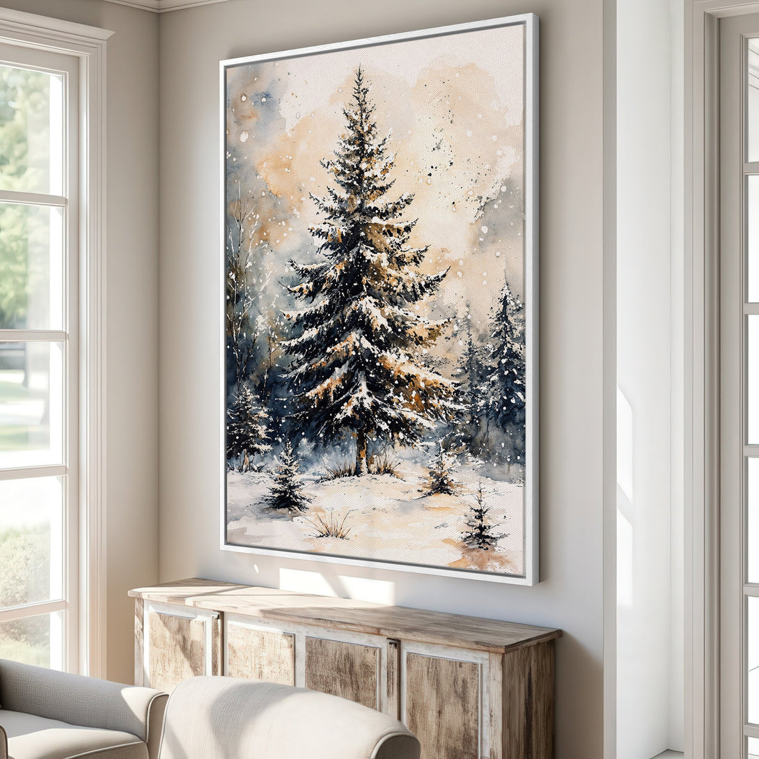 Framed Wall Art: Watercolor winter forest scene in neutral tones. Adds a touch of nature and warmth to any room. Perfect for cozy decor.