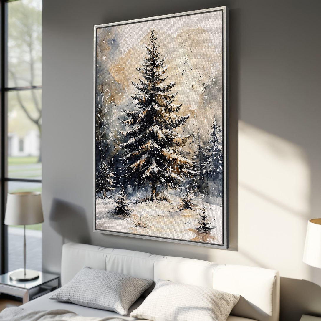 Framed Wall Art: Watercolor winter forest scene with a snowy pine tree. Neutral color palette with shades of brown, gray, and white. Perfect for cozy decor.