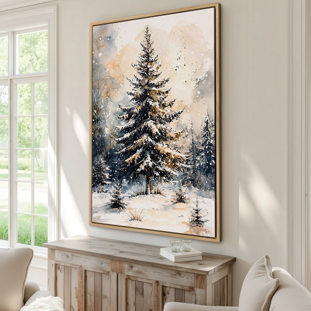 Framed Wall Art: Watercolor winter forest scene in neutral tones. Add cozy charm to your home with this beautiful canvas print!