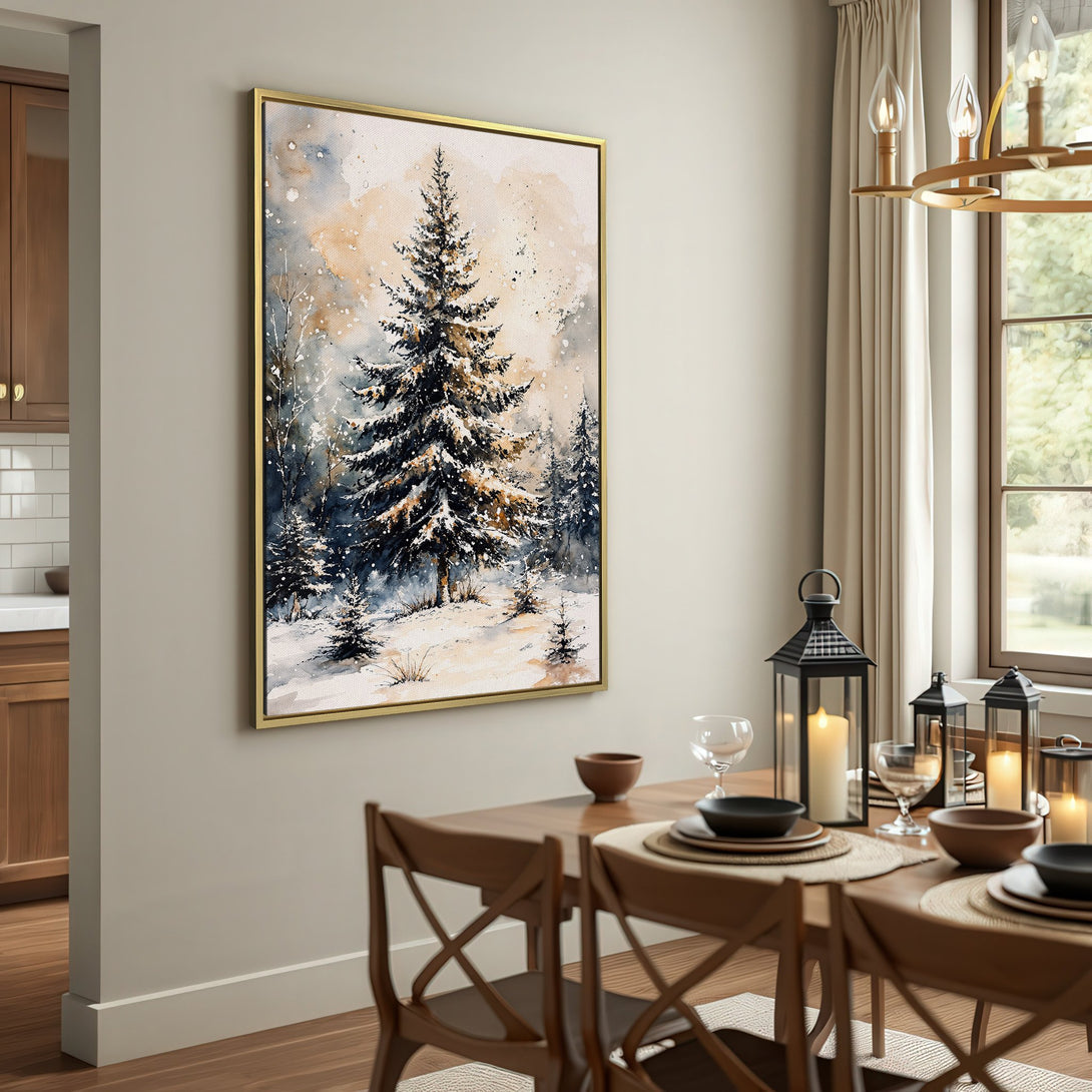 Canvas Print of a snowy winter forest scene in watercolor style, featuring a neutral color palette. Perfect for rustic decor.
