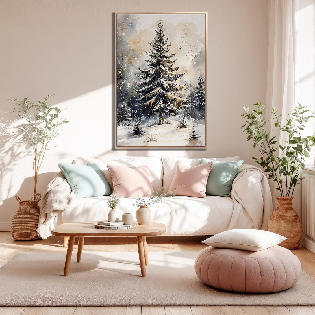 Framed Wall Art featuring a watercolor winter forest scene in a cozy interior. Neutral color palette with pops of blue and pink. Perfect for home decor.
