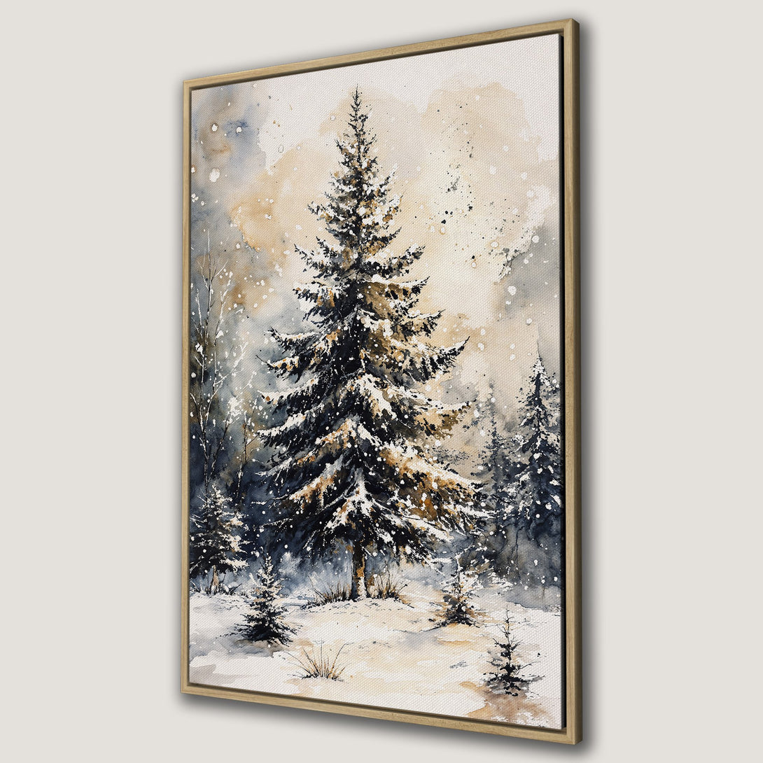 Framed Wall Art: Watercolor winter forest scene with snowy trees. Neutral color palette of blues, browns, and whites. Perfect for cozy decor.