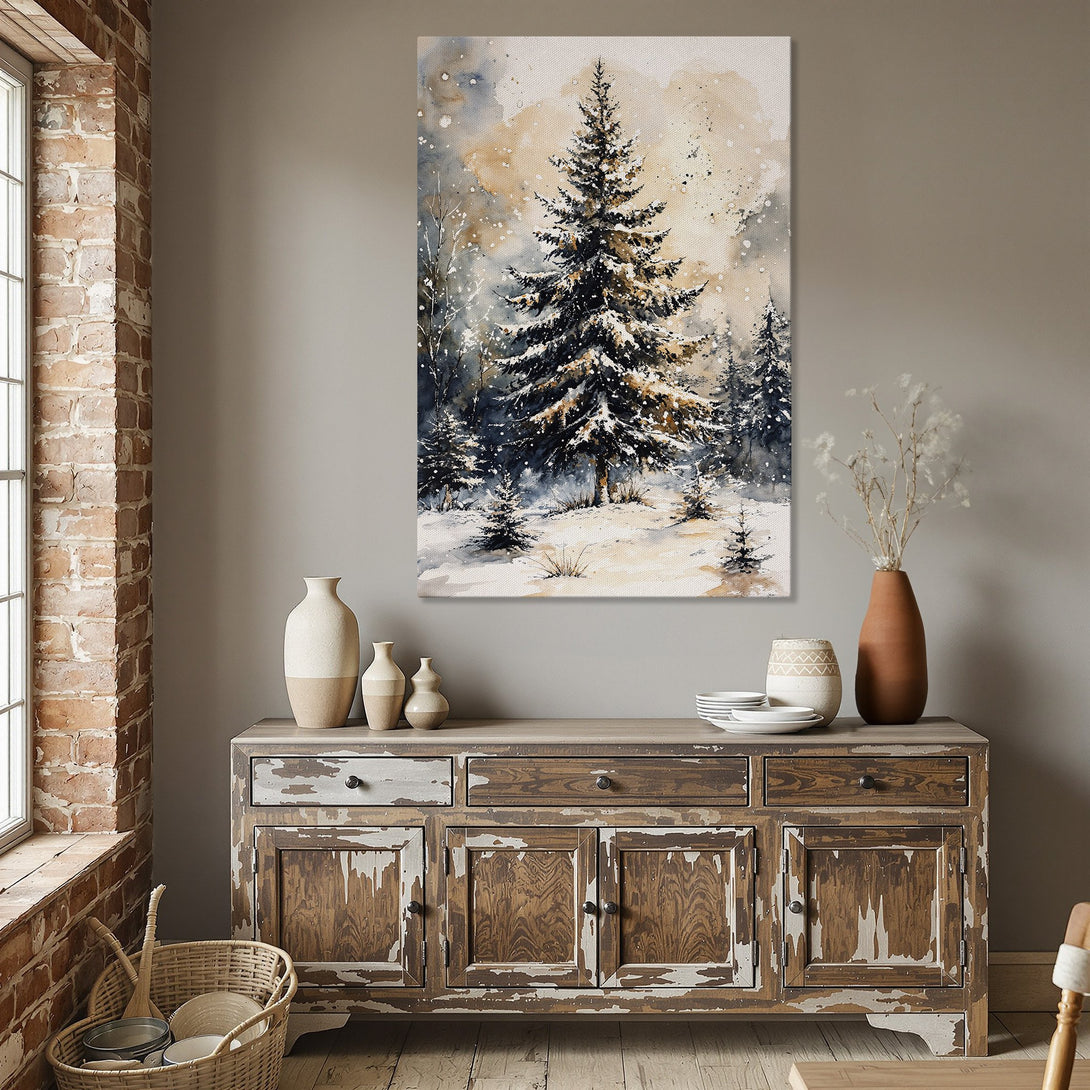 Framed Wall Art: Watercolor winter forest scene in a gold frame. Featuring a snowy pine tree with a warm, neutral color palette. Perfect for cozy interiors.