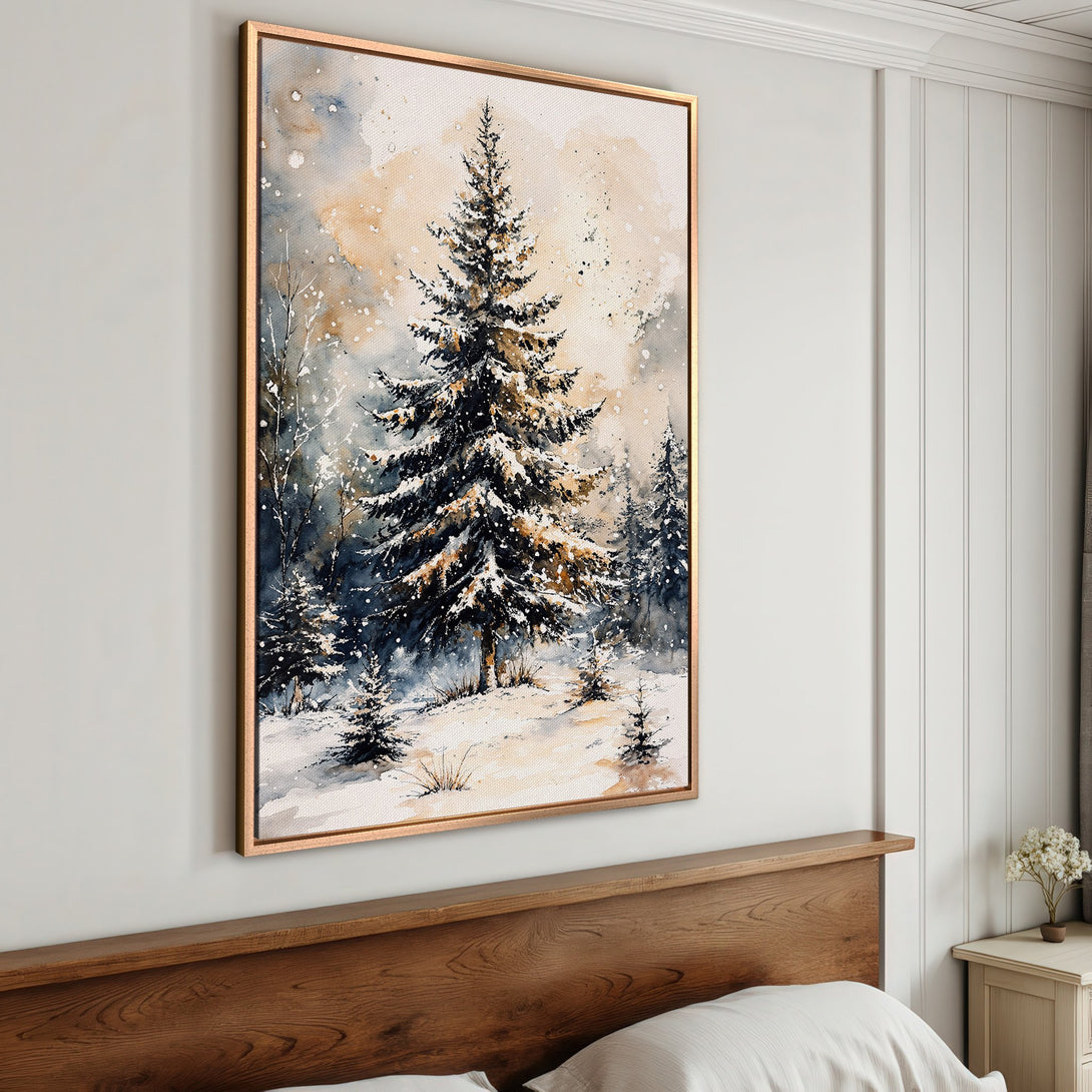 Framed Wall Art: Watercolor winter forest scene in blue, beige, and white. Perfect for cozy bedroom decor. Shop now for stunning canvas prints!
