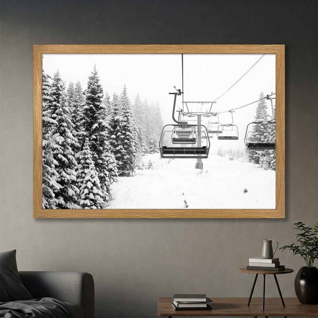 Framed Poster of a snowy ski resort scene in black and white, perfect for rustic and minimalist decor.