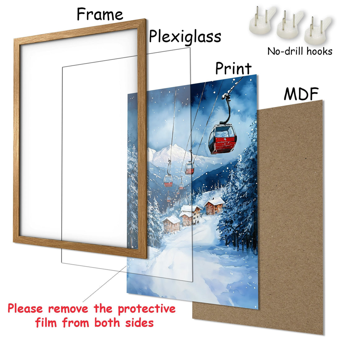 Framed Poster featuring a winter ski resort scene, watercolor style with blue and white color palette. Perfect wall art!