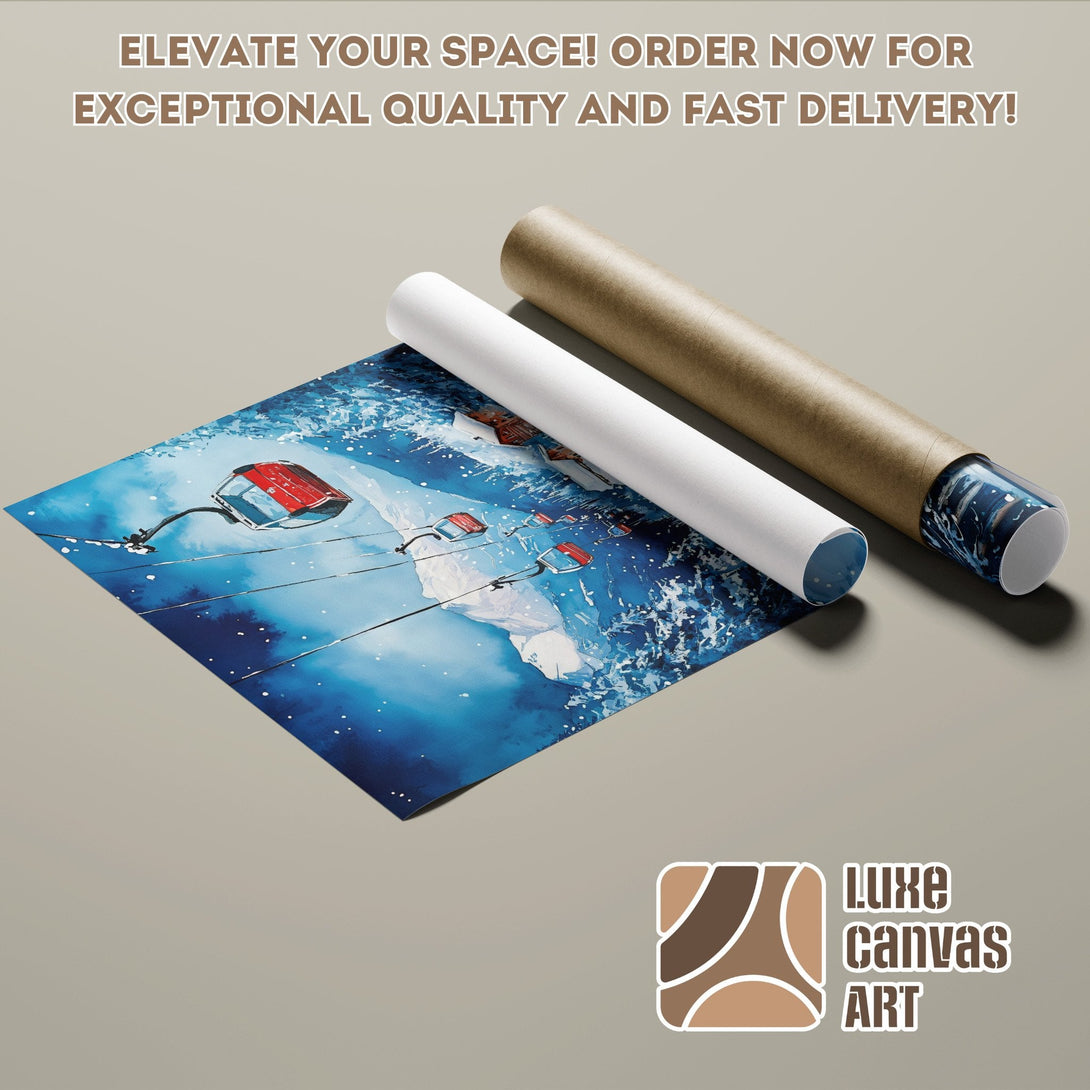 Poster Roll featuring a ski lift scene in blue and red tones. Elevate your decor!