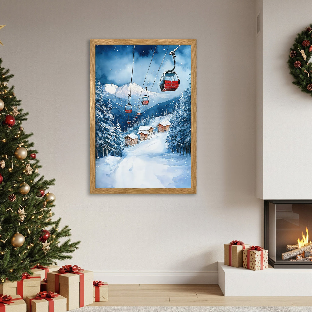 Framed Poster featuring a watercolor winter ski scene with a blue and white color palette. Perfect for cozy decor!