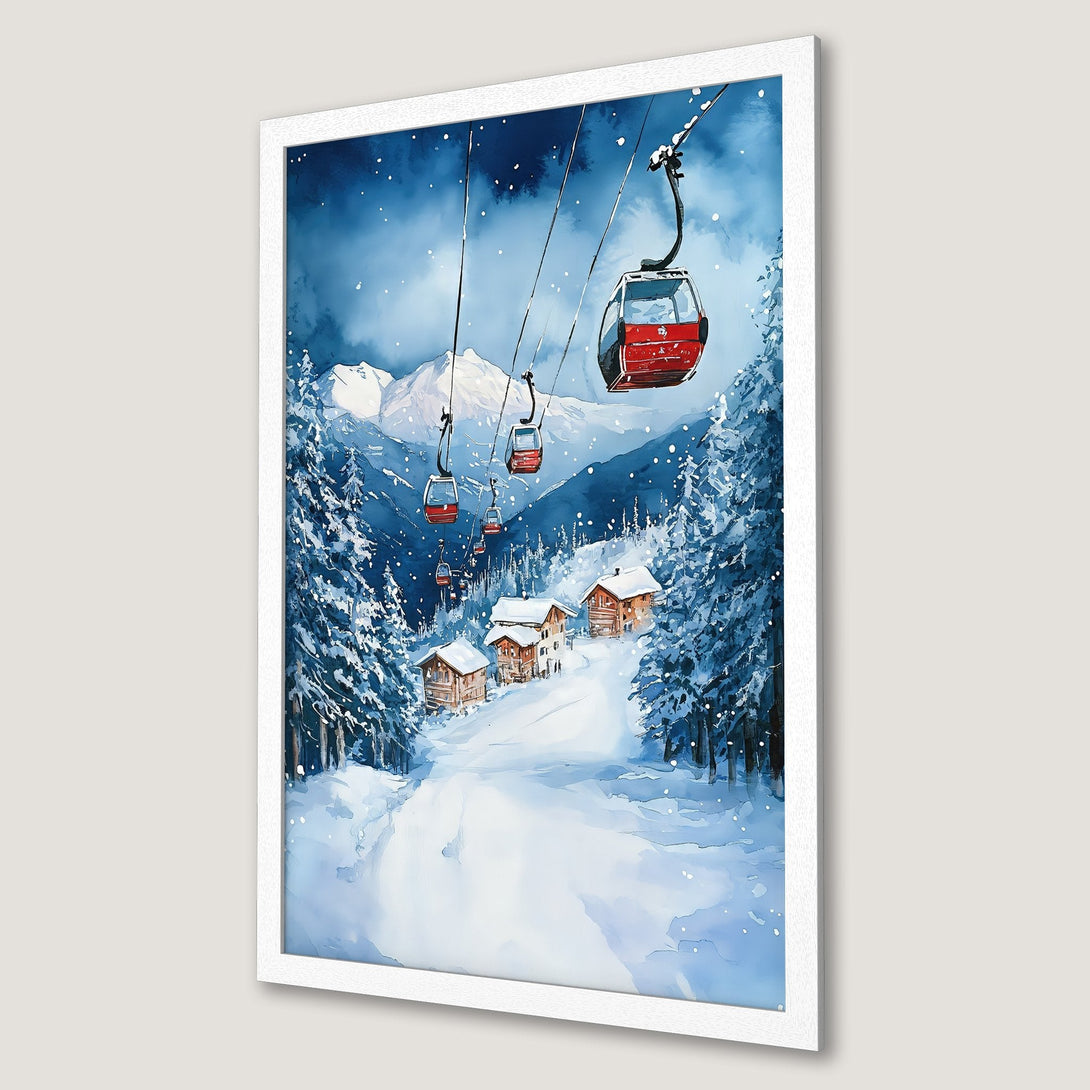 Framed Poster of a snowy ski resort scene, watercolor style. Featuring gondolas, cabins, and a blue and white color palette. Perfect winter decor!