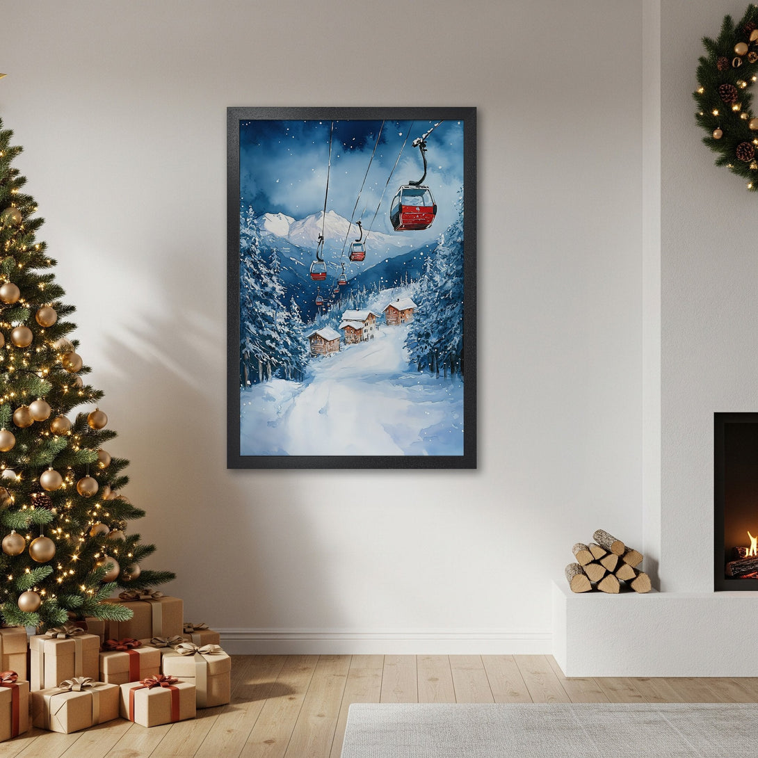 Framed Poster of a winter ski scene, watercolor style with blue, white, and red tones. Perfect holiday decor.