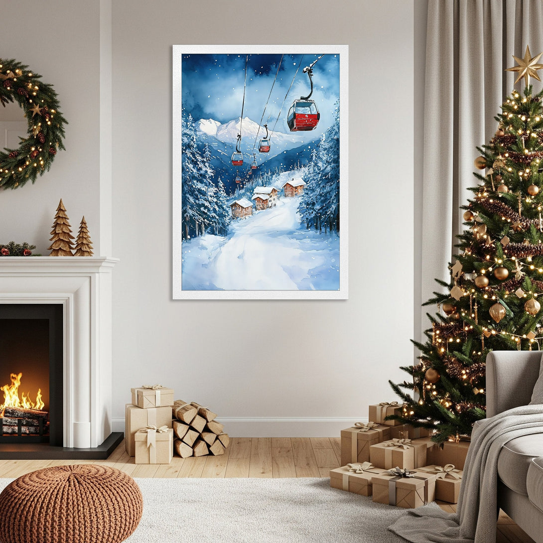 Framed Poster featuring a watercolor winter scene of ski lifts and cabins, with a blue and white color palette. Perfect for holiday decor!