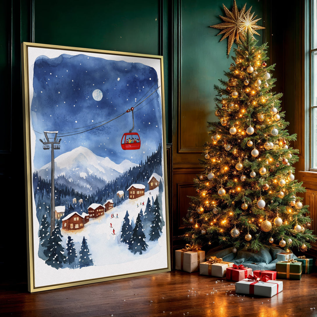 Canvas Print of a watercolor winter ski scene with blue, white, and red hues. Cozy cabin art for your home decor.