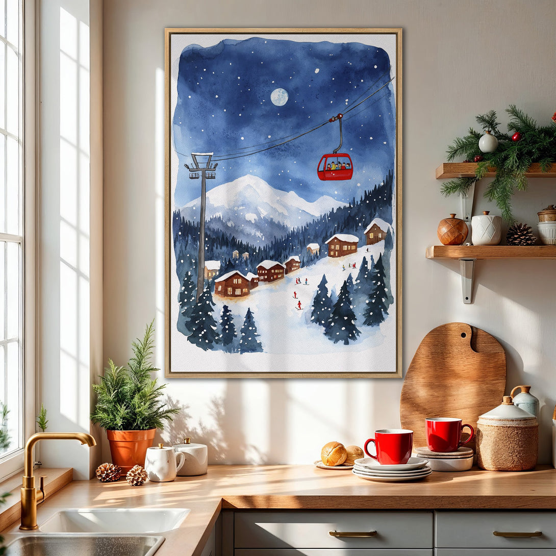 Framed Wall Art: Watercolor ski scene in blue, white, and red. Charming winter landscape Canvas Print perfect for cozy home decor.
