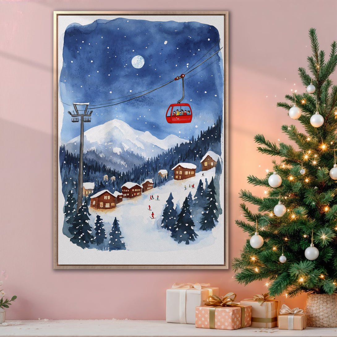 Watercolor Canvas Print of a snowy ski resort scene with a blue and white palette. Perfect winter decor!