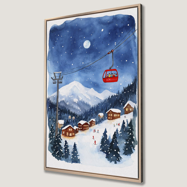 Framed Wall Art: Watercolor winter ski scene with blue, white, and brown tones. Featuring a ski lift, cabins, and snowy mountains. Perfect for cozy decor.