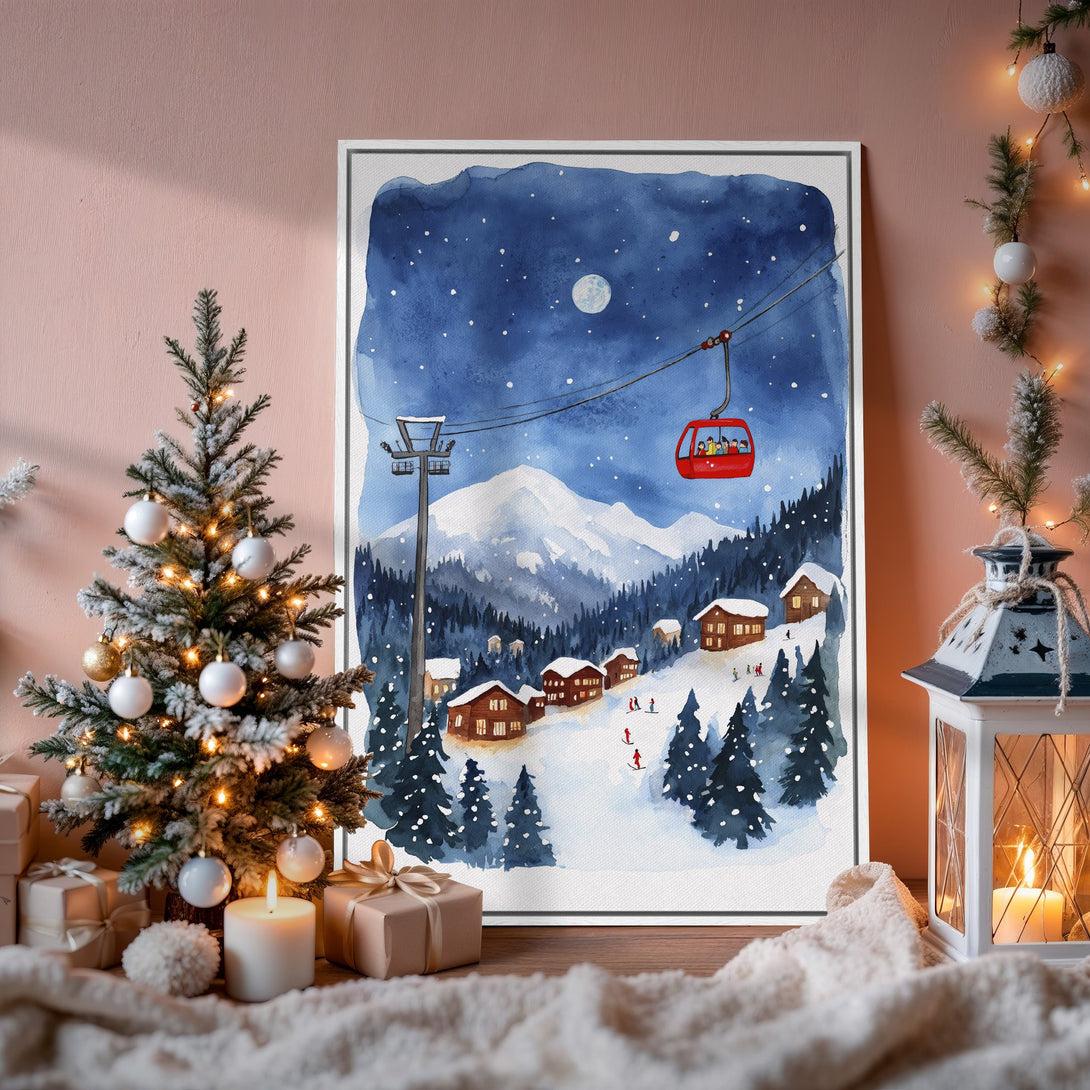 Framed Wall Art: Watercolor winter ski scene in blue and white. Cozy holiday decor with a snowy mountain landscape Canvas Print.