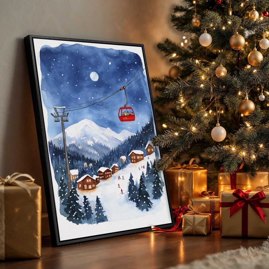 Framed Wall Art: Watercolor ski scene in blue, white, and red. Perfect winter decor for your home. Add a touch of cozy charm to your space!