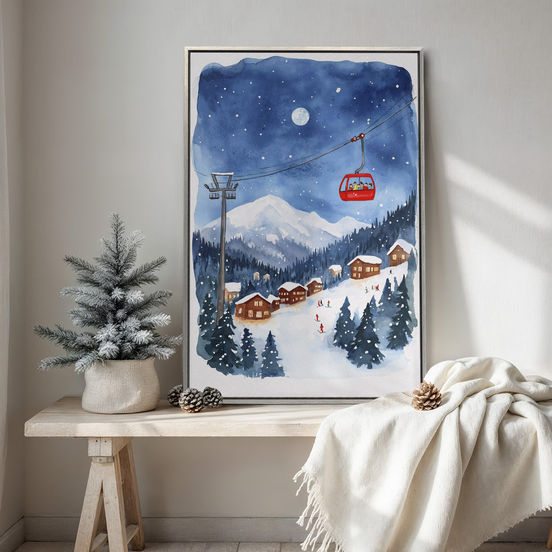 Framed Wall Art: Watercolor winter ski scene in blue and red. Cozy cabin art for your home. Perfect winter decor.