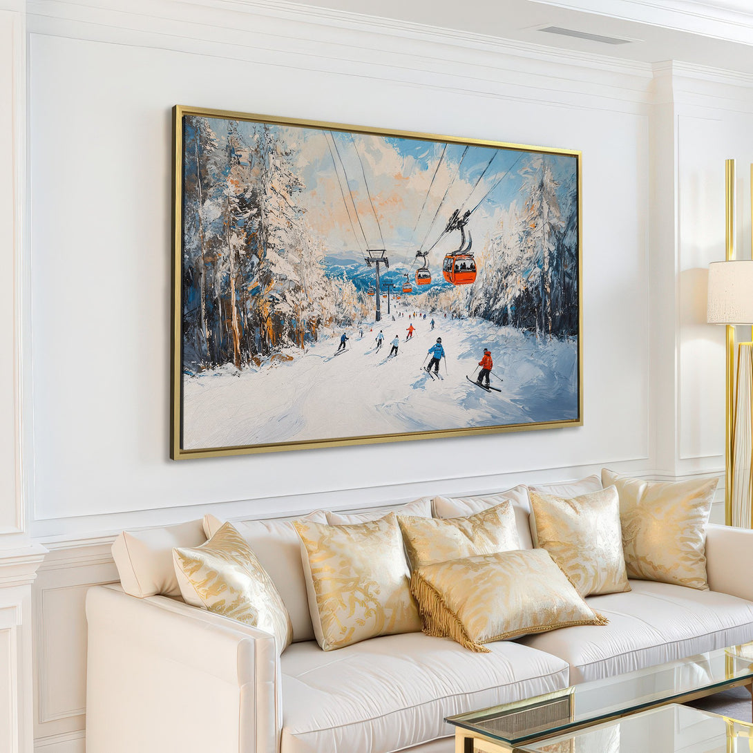 Canvas Print of a snowy ski scene with skiers and chairlifts. Features cool blues, whites, and orange hues. Perfect wall art for your home!