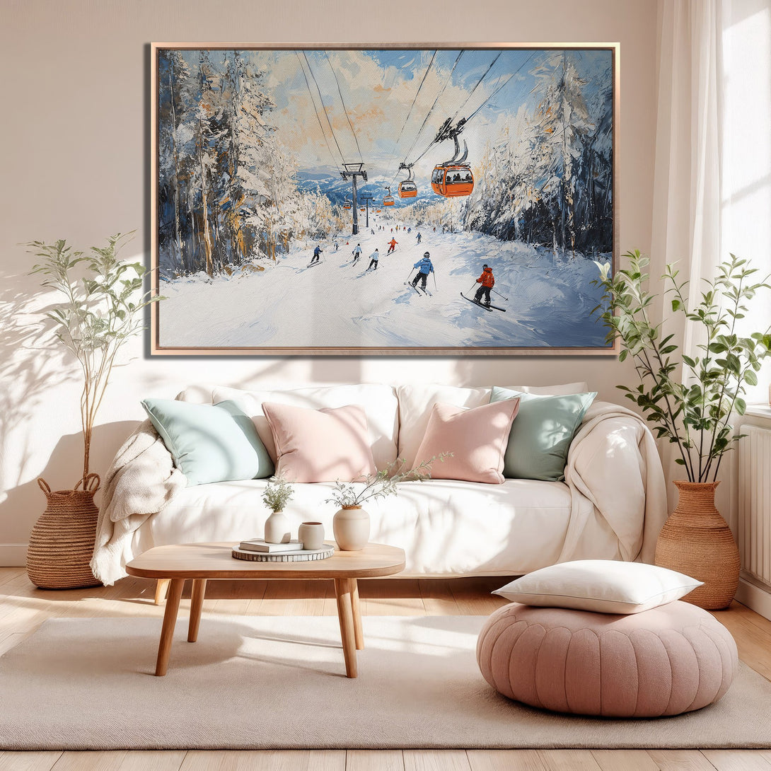 Framed Wall Art of a snowy ski slope scene with skiers, ski lifts, and trees. Featuring a blue, white, and orange color palette for a cozy winter vibe.