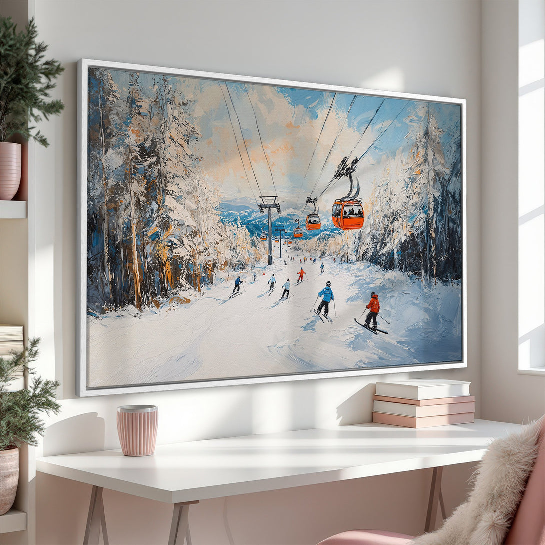 Framed Wall Art: Ski slope scene in a modern, impressionistic style. Blue, white, and orange color palette creates a cozy, wintery feel for your home decor.