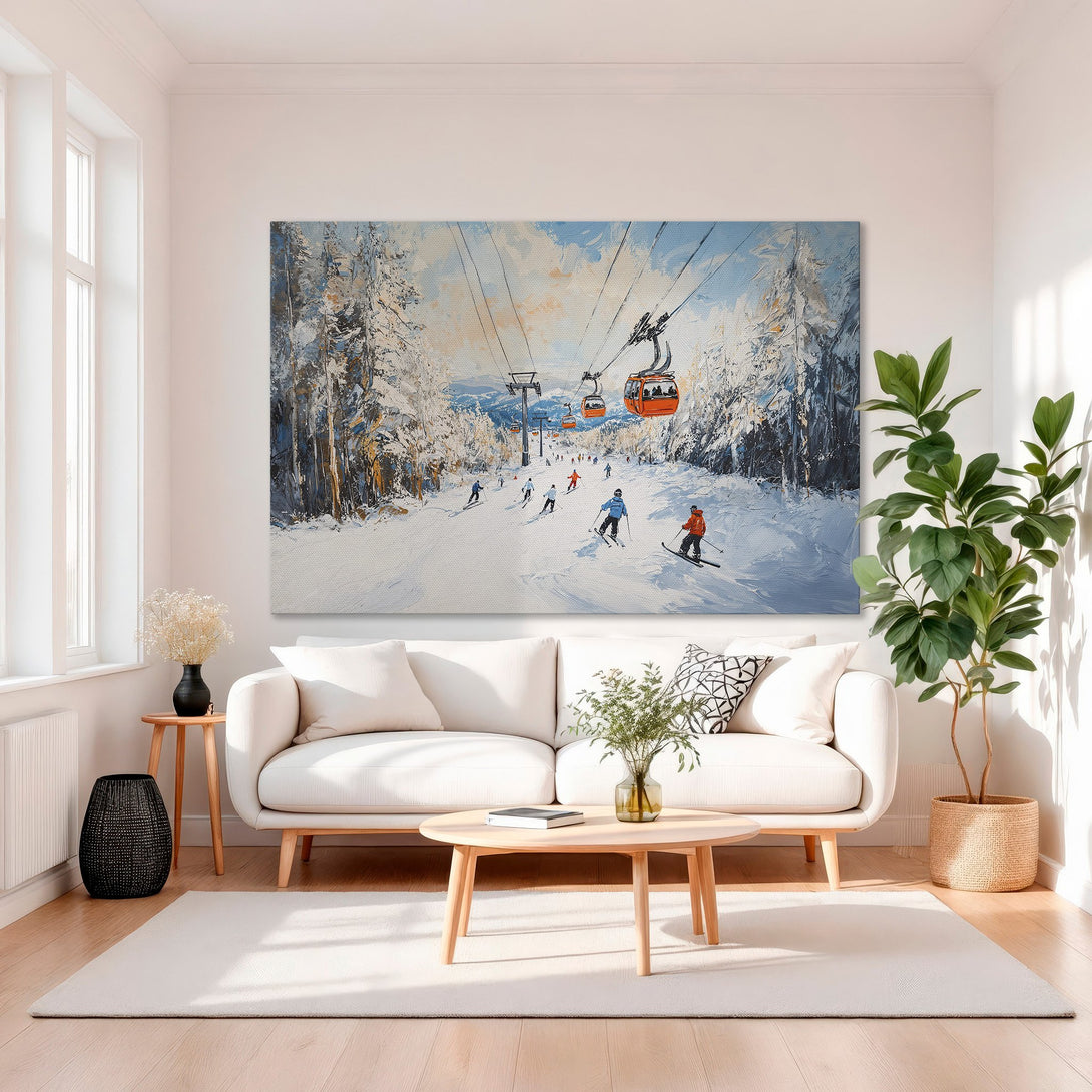 Framed Wall Art: Ski slope scene in impressionist style with blue, white, and orange hues. Perfect for adding a touch of winter charm to your home decor.