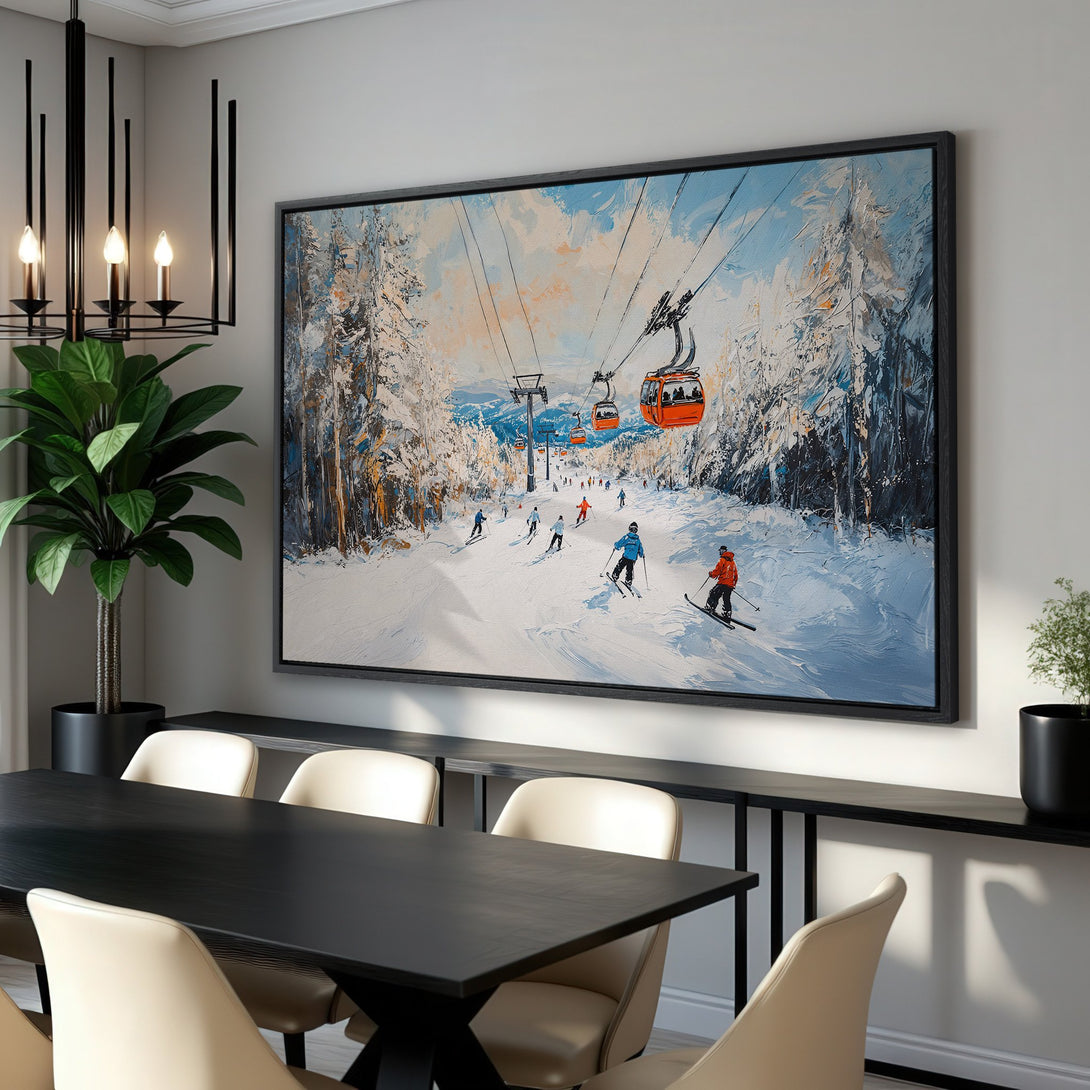 Framed Wall Art: Ski slope scene with skiers, orange gondolas, & snowy trees. Impressionistic style, blue, white, & orange color palette. Perfect for home decor.